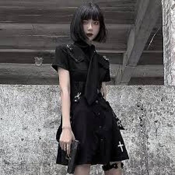 Snap front womens dress measures M cross, goth emo grunge nun missing straps - Picture 4 of 11